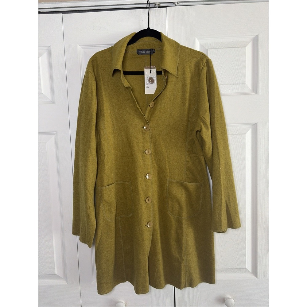Bella Blue Longline Button Cardigan Womens Size S/M Olive Wool Blend Lagenlook